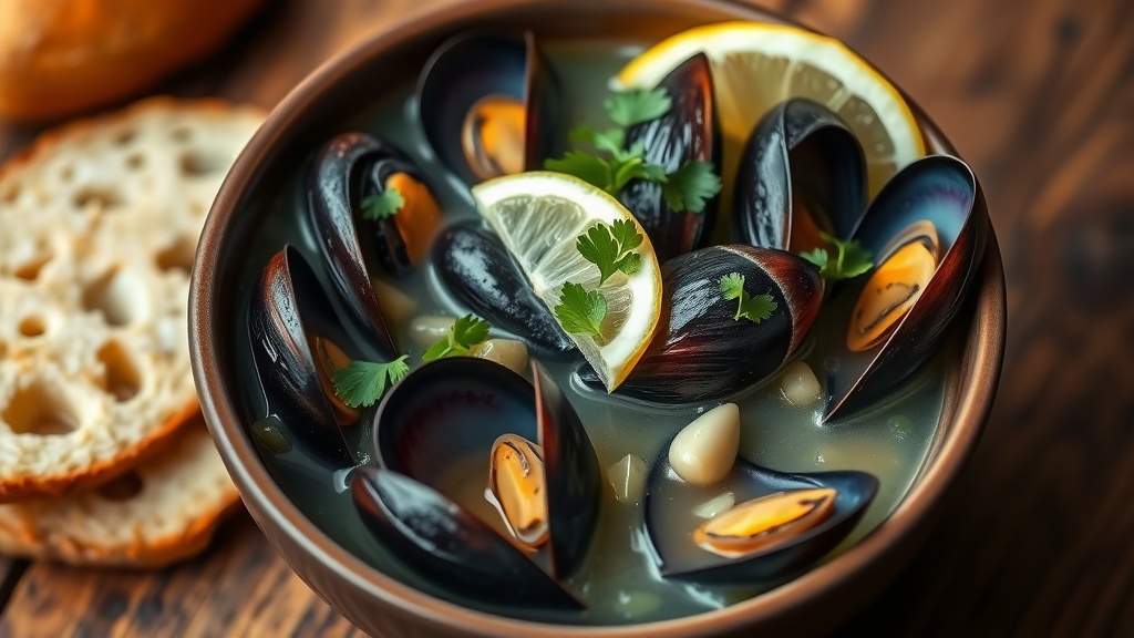 Savory Mussels in White Wine Recipe A bowl of mussels in white wine broth with parsley and lemon, served with crusty bread.